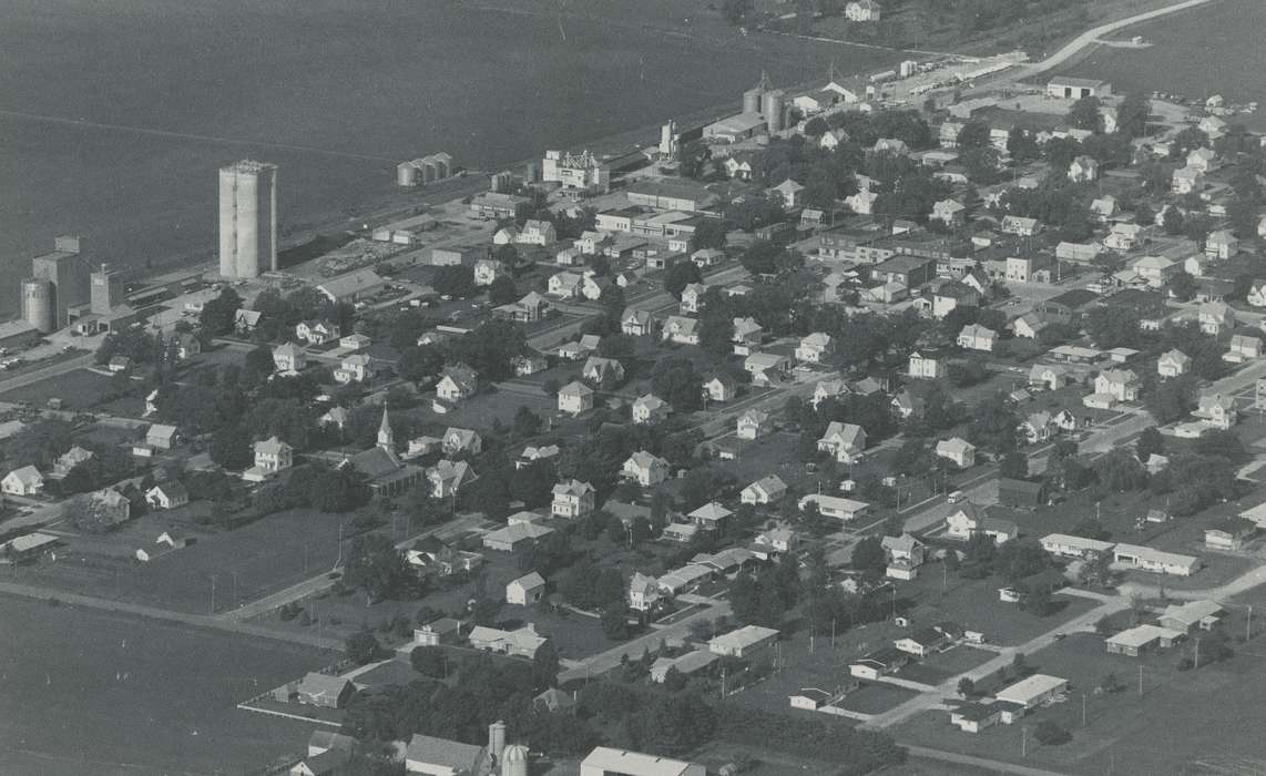 history of Iowa, Iowa History, road, field, building, Readlyn, IA, Aerial Shots, silo, Iowa, tree, Waverly Public Library