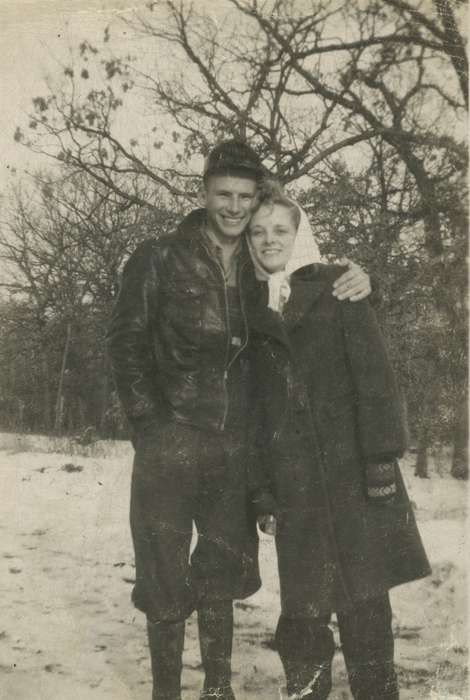 leather jacket, Portraits - Group, Iowa History, Iowa, Marion County, IA, Langebartels, Gary, scarf, snow, history of Iowa, Winter