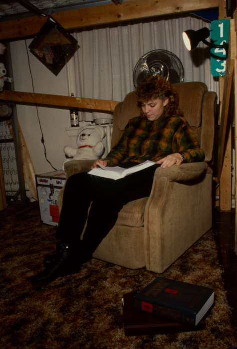 Cedar Falls, IA, history of Iowa, Iowa History, uni, stuffed animal, rocking chair, fan, UNI Special Collections & University Archives, Iowa, mullet, Schools and Education, university of northern iowa, dorm room, Leisure, lamp
