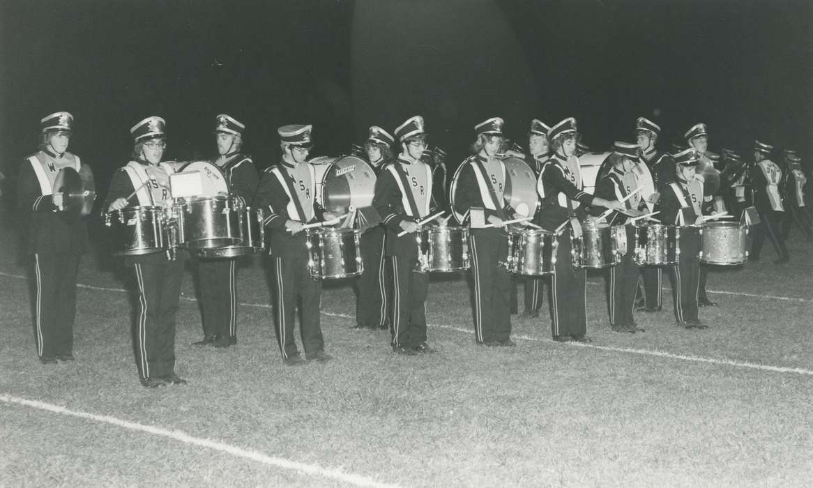 Portraits - Group, history of Iowa, Iowa History, Entertainment, percussion, marching band, Iowa, Bremer County, IA, Waverly Public Library, football field