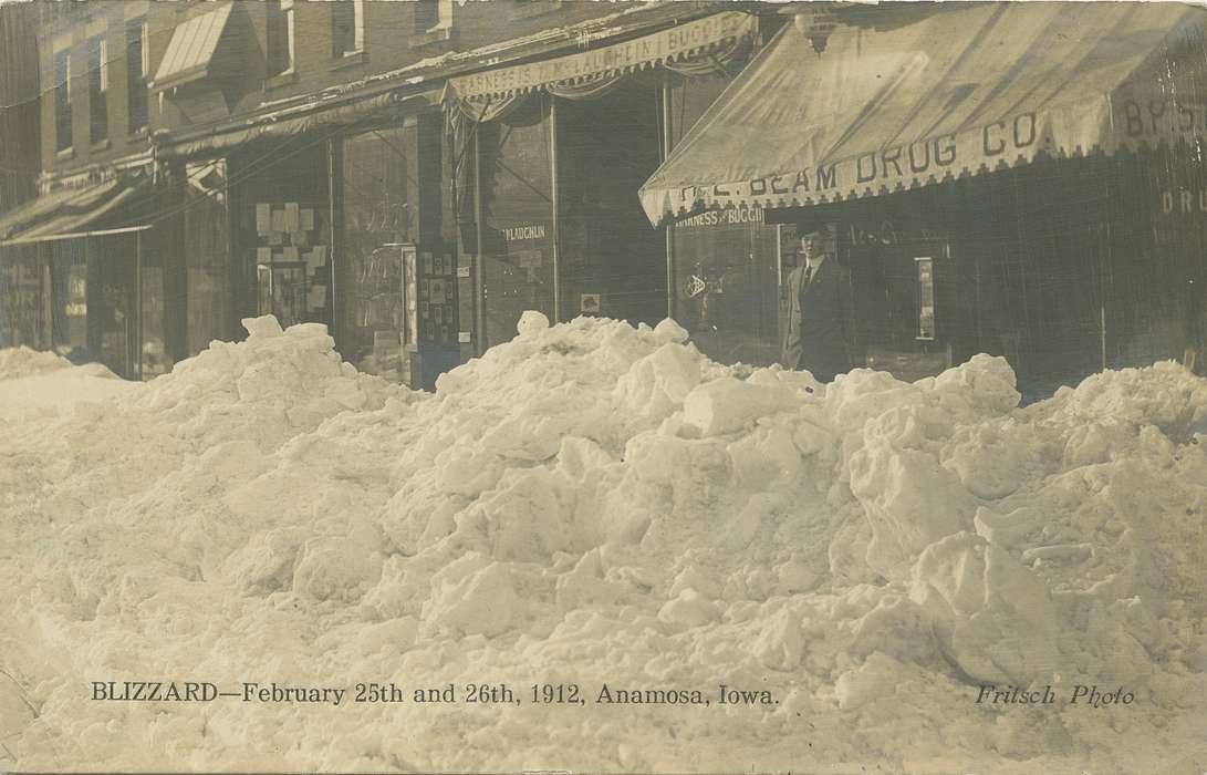 Iowa, snow, Winter, Cities and Towns, Anamosa, IA, Hatcher, Cecilia, drugstore, history of Iowa, blizzard, Main Streets & Town Squares, Iowa History