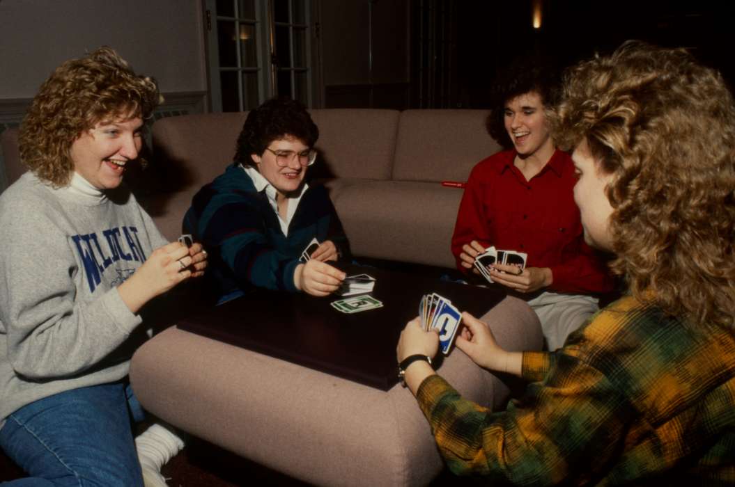 couch, Iowa, UNI Special Collections & University Archives, sweatshirt, Schools and Education, Leisure, uni, university of northern iowa, Cedar Falls, IA, coffee table, history of Iowa, turtleneck, cards, Iowa History