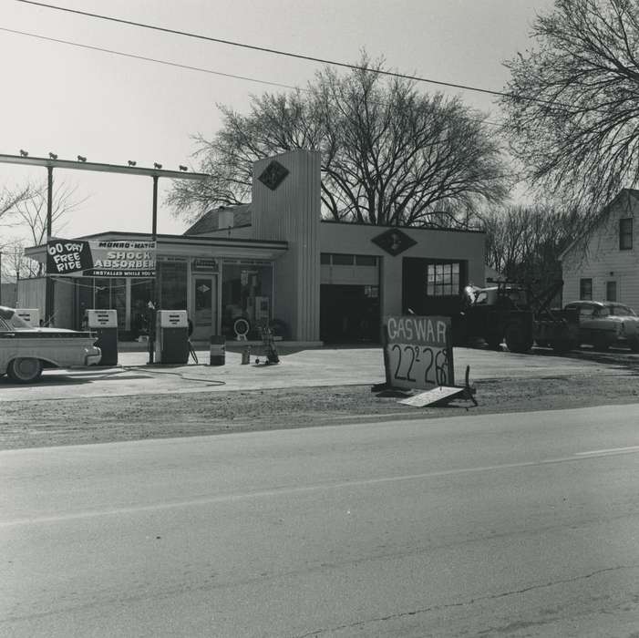 history of Iowa, gas station, Businesses and Factories, tire, Waverly, IA, Waverly Public Library, Iowa, car, Motorized Vehicles, banner, tow truck, gas pump, pop machine, Iowa History, correct date needed