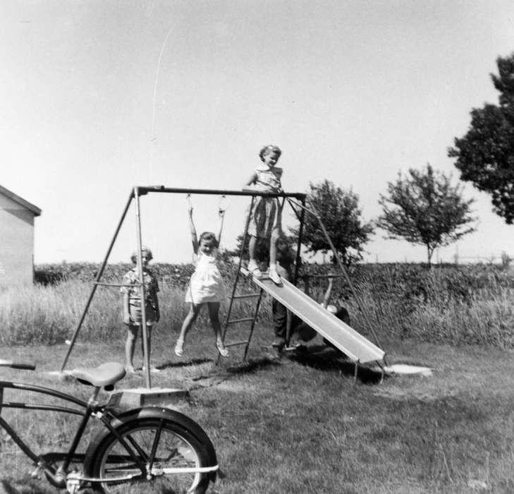 history of Iowa, Iowa History, Dyersville, IA, slide, Iowa, Children, Outdoor Recreation, Shaw, Marilyn, bike, swing set