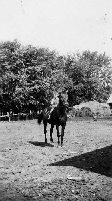 Outdoor Recreation, boy, dirt, Iowa, Charles City, IA, Animals, horse, Children, Portraits - Individual, fence, Farms, Pettit, Gene, history of Iowa, farm, Iowa History, overalls