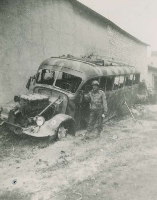 uniform, Travel, Wrecks, world war ii, France, Iowa, Military and Veterans, bus, Portraits - Individual, Campopiano Von Klimo, Melinda, wwii, history of Iowa, Motorized Vehicles, helmet, Iowa History