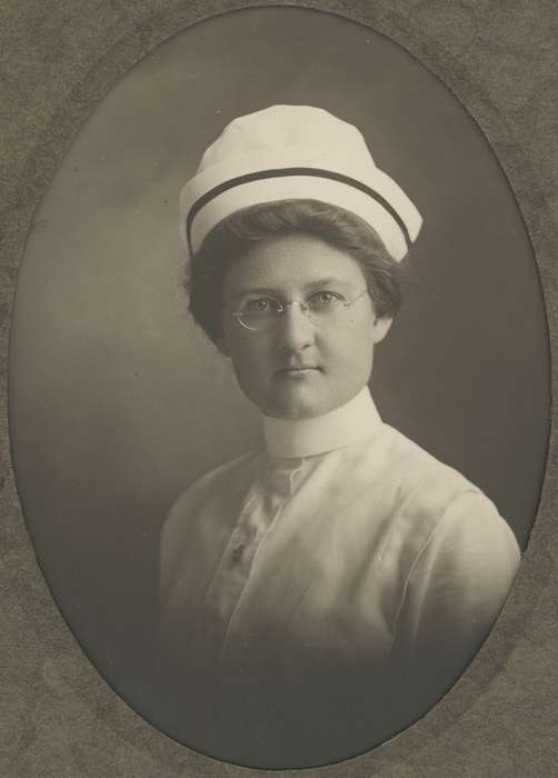 Neymeyer, Robert, nurse, history of Iowa, Parkersburg, IA, hat, Iowa, Portraits - Individual, Labor and Occupations, Iowa History, glasses