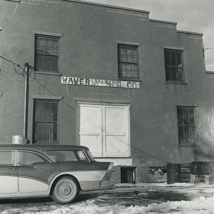 history of Iowa, barrel, Businesses and Factories, snow, Waverly, IA, Waverly Public Library, Iowa, car, Motorized Vehicles, Winter, Iowa History, correct date needed