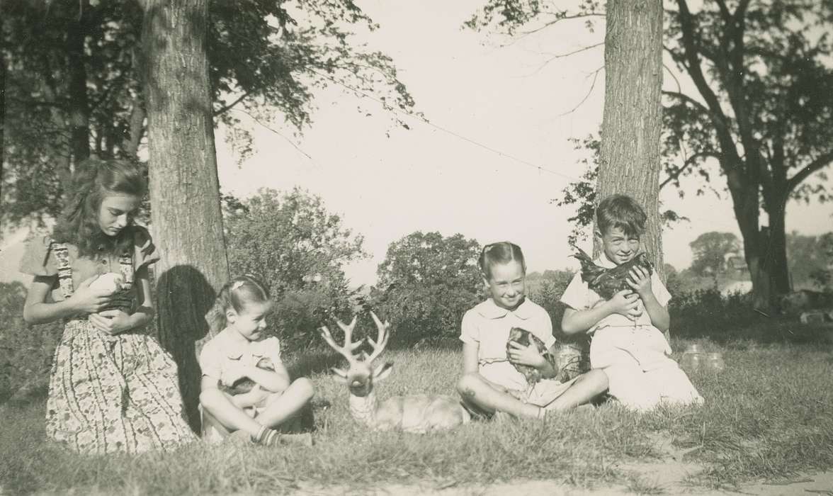 Portraits - Group, Deitrick, Allene, history of Iowa, chicken, Iowa History, trees, Animals, Iowa, USA, deer, Children