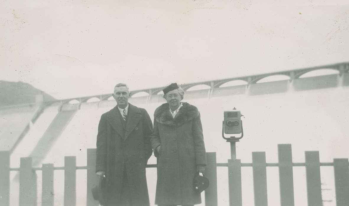 Travel, history of Iowa, coat, fur coat, McMurray, Doug, Iowa, binoculars, lookout, Grand Coulee, WA, dam, Iowa History, Portraits - Group, railing