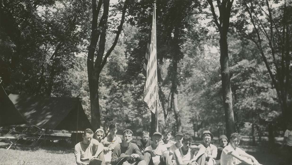 flag, history of Iowa, boy scout, McMurray, Doug, Iowa, tent, cap, Children, Outdoor Recreation, Iowa History, Lehigh, IA, Portraits - Group