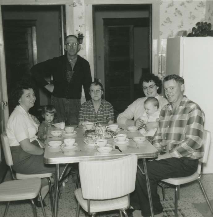 Portraits - Group, history of Iowa, kitchen, Iowa History, Families, Eilderts, Carol, tea, New Hartford, IA, Holidays, Iowa, Homes, Food and Meals, Children
