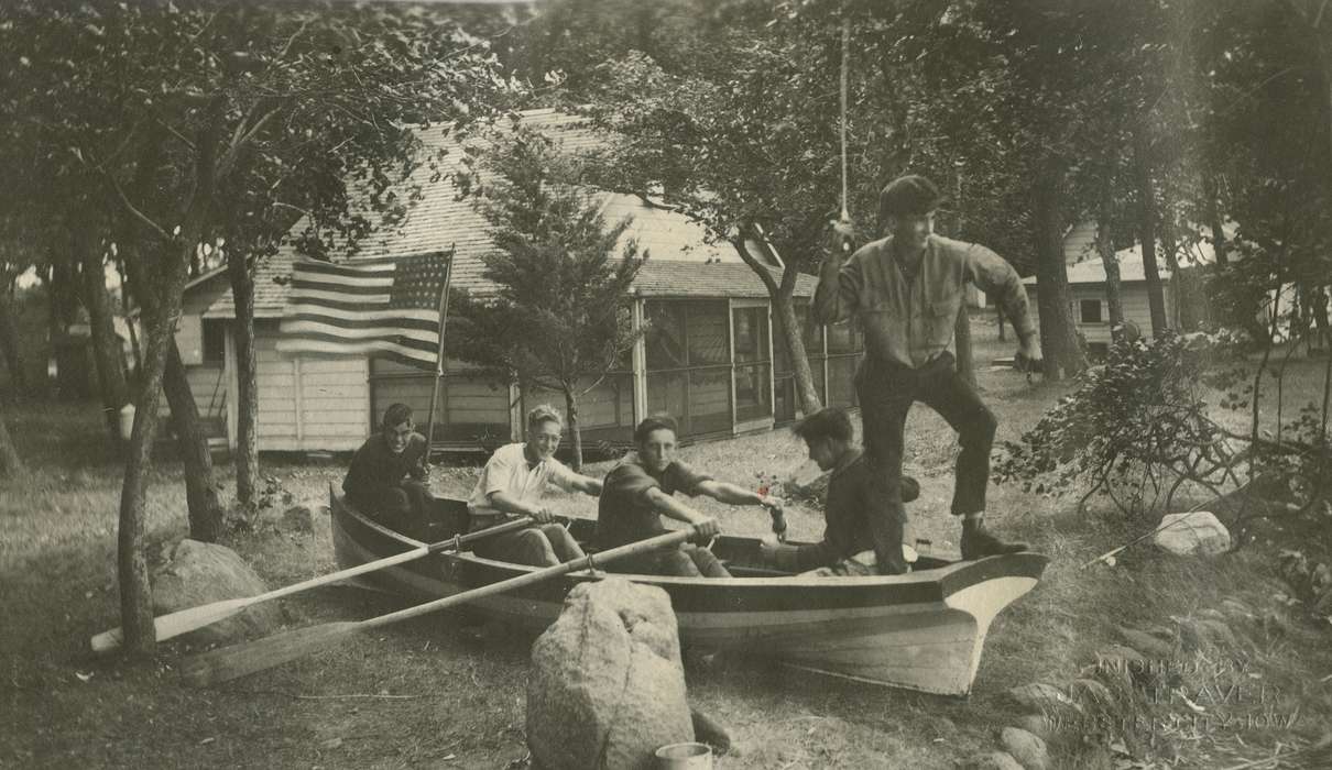 silly, Clear Lake, IA, boy scouts, Iowa History, McMurray, Doug, Iowa, history of Iowa, Portraits - Group, boat, flag, oar