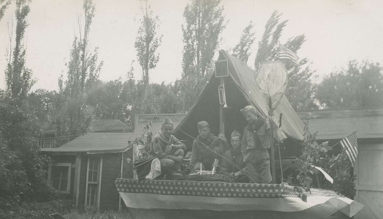 Portraits - Group, butterfly net, trumpet, Iowa, tent, parade, Webster City, IA, McMurray, Doug, Children, Entertainment, boy scout, history of Iowa, flag, Iowa History