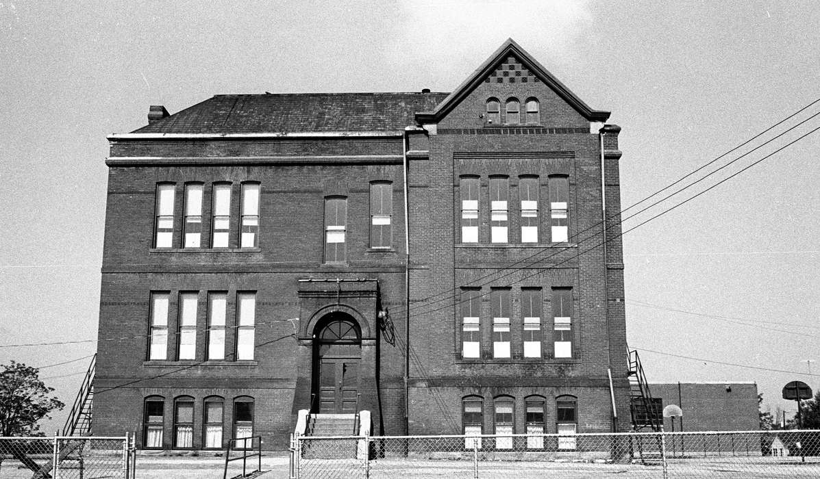 fire escape, history of Iowa, Iowa History, Ottumwa, IA, Lemberger, LeAnn, Iowa, fence, Schools and Education, school, basketball hoop