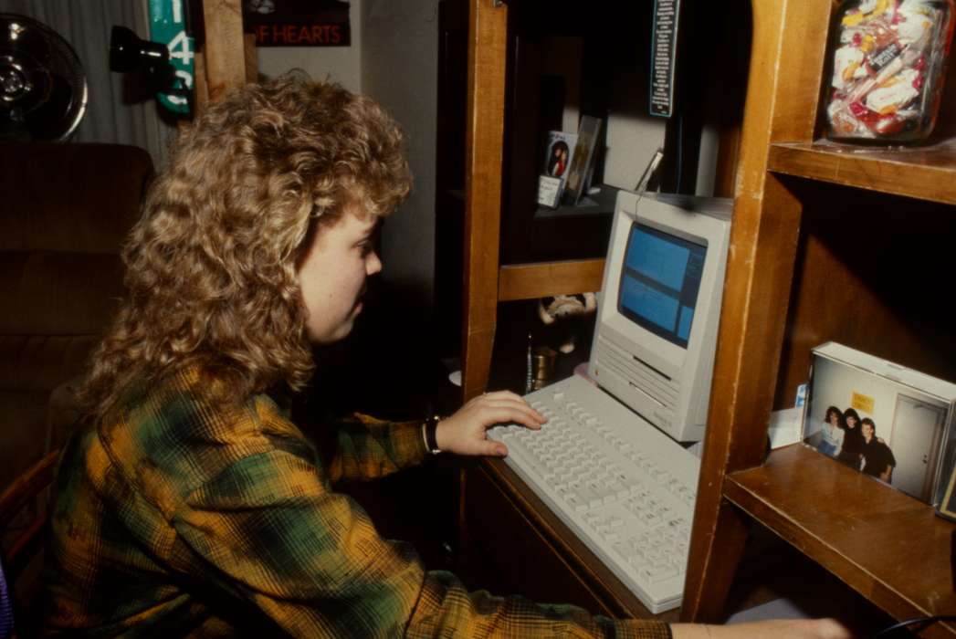 Cedar Falls, IA, history of Iowa, Iowa History, uni, mac, key board, computer, UNI Special Collections & University Archives, Iowa, mullet, Schools and Education, university of northern iowa, dorm room, apple, Leisure, macintosh