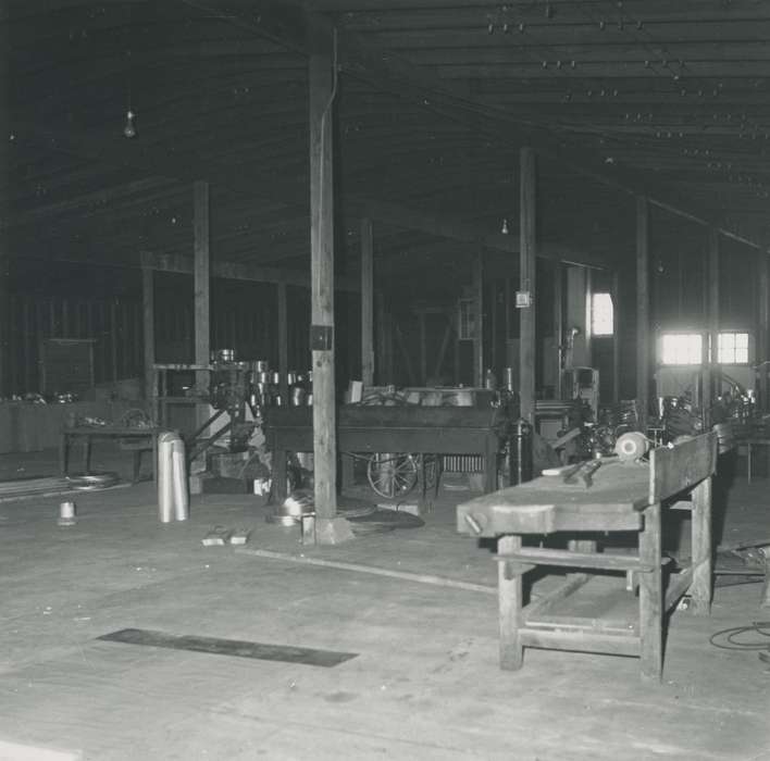 Iowa History, Waverly Public Library, Iowa, history of Iowa, Businesses and Factories, correct date needed, workbench, building interior, bench grinder, Waverly, IA, wagon wheel