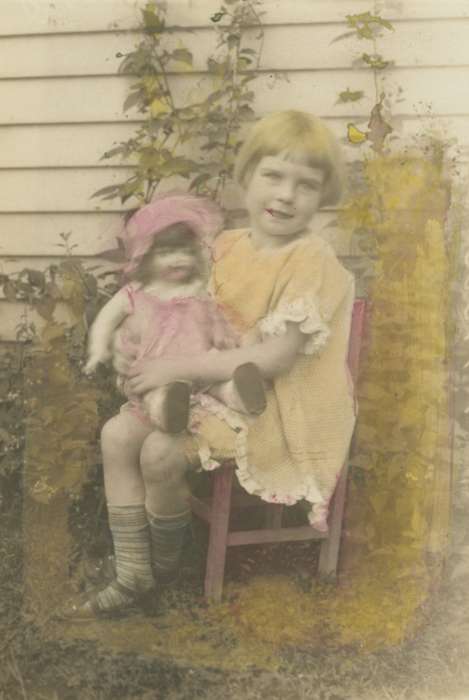 Iowa, bowl, socks, bowl cut, chair, Children, Barber, Jackie, history of Iowa, Portraits - Individual, girl, doll, Davenport, IA, Iowa History