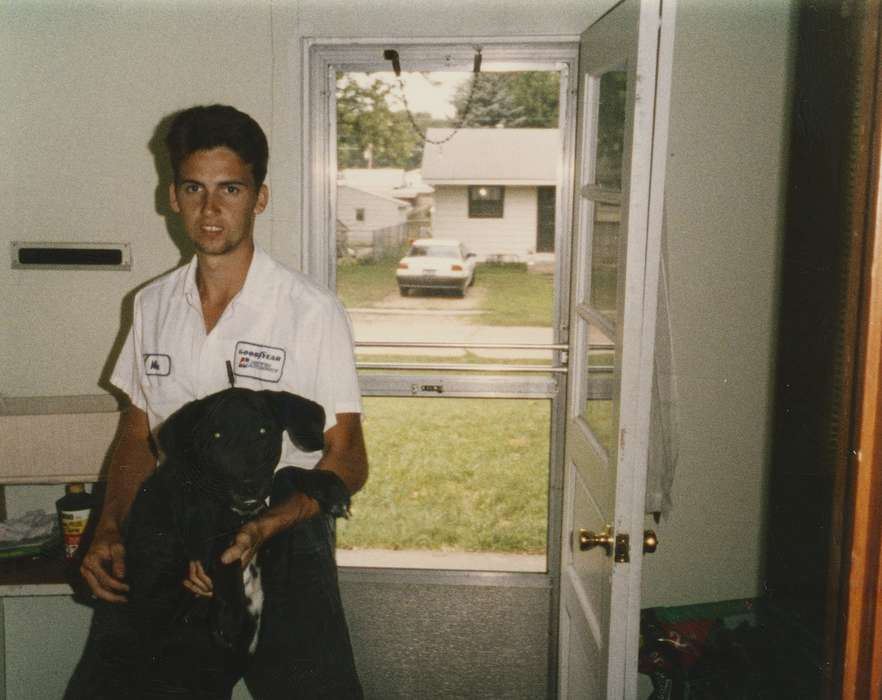 history of Iowa, Portraits - Individual, Iowa History, Animals, doorway, Camanche, IA, Determan, Taryn, man, Iowa, Homes, dog, Labor and Occupations