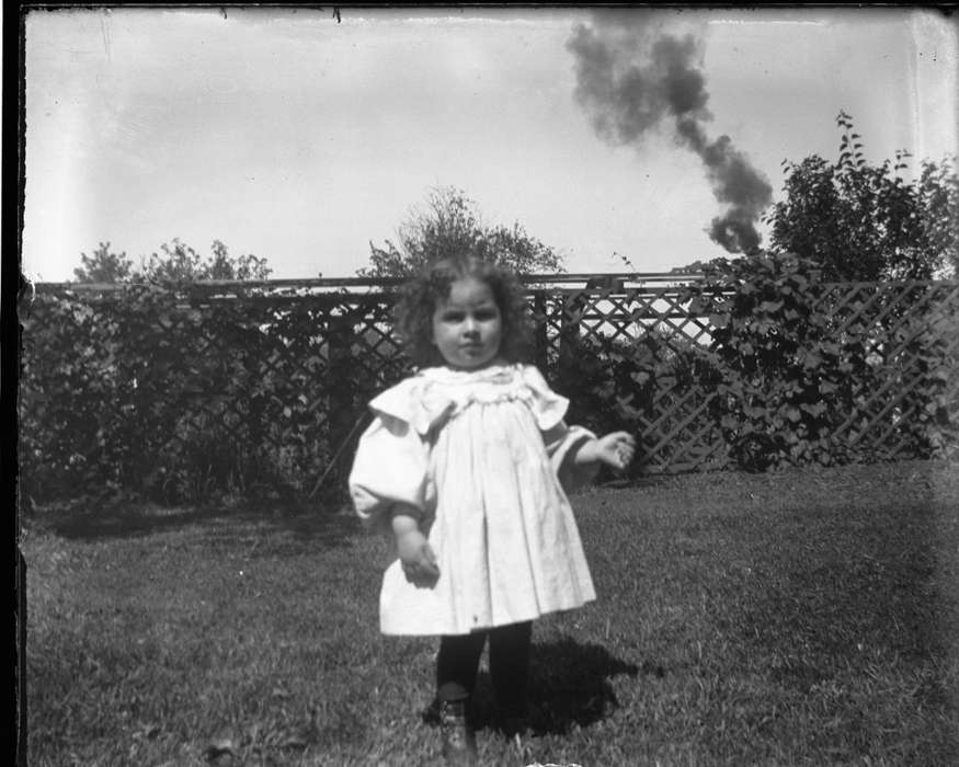 smokestack, IA, history of Iowa, fence, Anamosa Library & Learning Center, Iowa, girl, dress, Portraits - Individual, Children, Iowa History