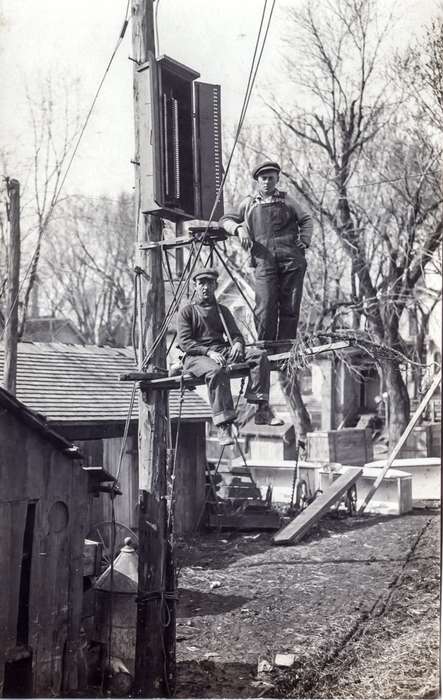 Portraits - Group, telephone pole, telephone, history of Iowa, Iowa History, Anamosa Library & Learning Center, Iowa, Anamosa, IA, Labor and Occupations