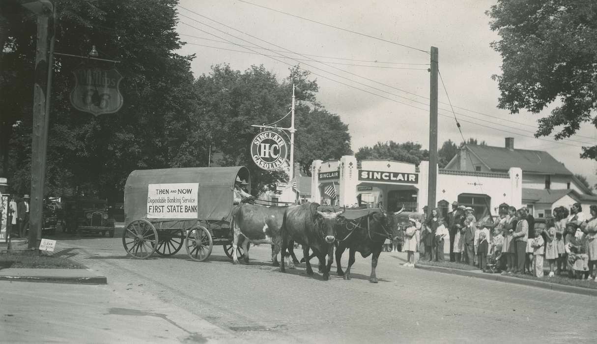 history of Iowa, Iowa History, Entertainment, parade, Webster City, IA, Businesses and Factories, cattle, wagon, gas station, Iowa, Cities and Towns, McMurray, Doug