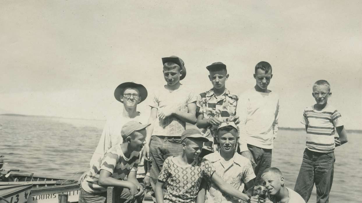 Portraits - Group, boy scouts, Clear Lake, IA, lake, history of Iowa, Iowa History, Lakes, Rivers, and Streams, Iowa, boat, McMurray, Doug, Children