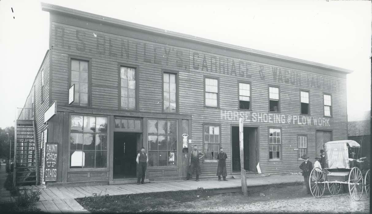 Portraits - Group, Main Streets & Town Squares, business owner, history of Iowa, Iowa History, Businesses and Factories, Waverly, IA, wagon, Iowa, Cities and Towns, small business, wagon shop, Waverly Public Library
