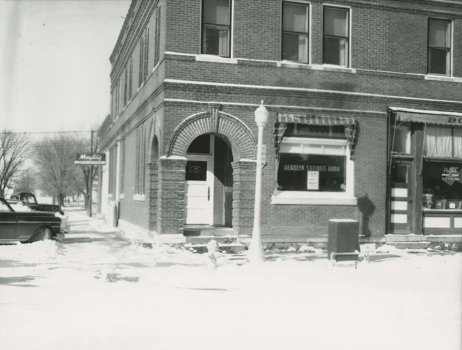 Main Streets & Town Squares, history of Iowa, Iowa History, Winter, Businesses and Factories, Readlyn, IA, Iowa, correct date needed, Cities and Towns, snow, Waverly Public Library, bank