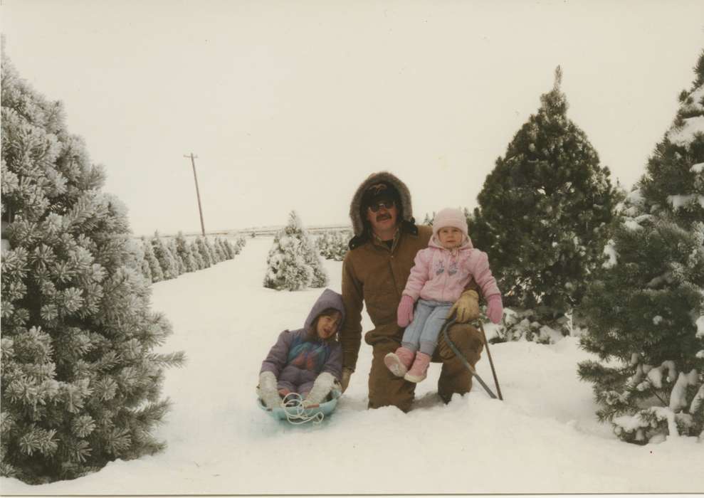 Outdoor Recreation, Portraits - Group, Iowa, Cedar Rapids, IA, Nulty, Tom and Carol, Children, christmas, christmas tree, Winter, history of Iowa, Holidays, snow, Iowa History, sled