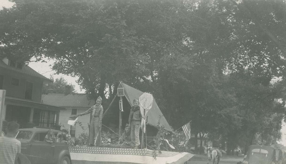 Portraits - Group, butterfly net, trumpet, Iowa, tent, parade, Webster City, IA, neighborhood, McMurray, Doug, Children, flag, car, Entertainment, history of Iowa, Motorized Vehicles, Iowa History