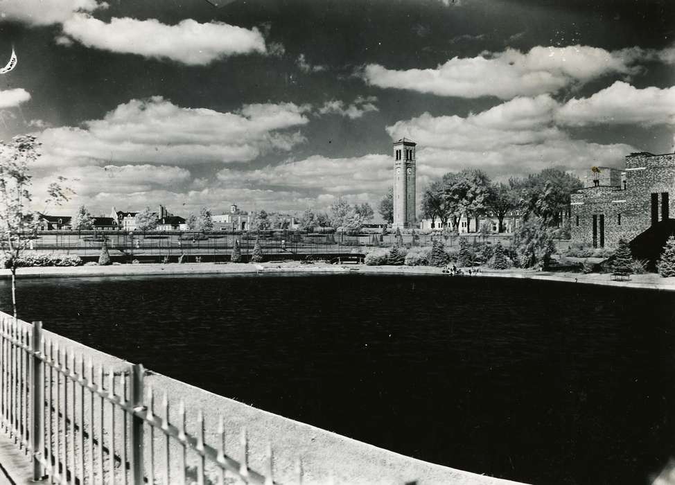 Iowa, campanile, prexy's pond, UNI Special Collections & University Archives, Schools and Education, uni, university of northern iowa, Lakes, Rivers, and Streams, Cedar Falls, IA, pond, history of Iowa, iowa state teachers college, Iowa History