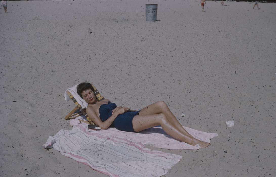 sunbathing, Leisure, history of Iowa, Sack, Renata, San Diego, CA, trash can, Iowa History, towel, beach, Iowa, bathing suit, sand