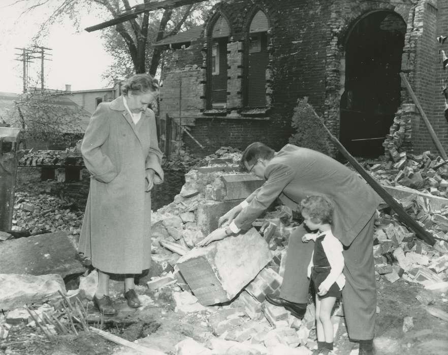 history of Iowa, coat, girl, man, woman, Religious Structures, Waverly Public Library, Iowa, church, debris, Iowa History, stone, Wrecks