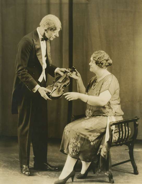 Iowa History, Cedar Rapids, IA, history of Iowa, tuxedo, Iowa, eye contact, drama, haircut, dress, play, music, Entertainment, Taube, Jane Pesek, violin, Leisure