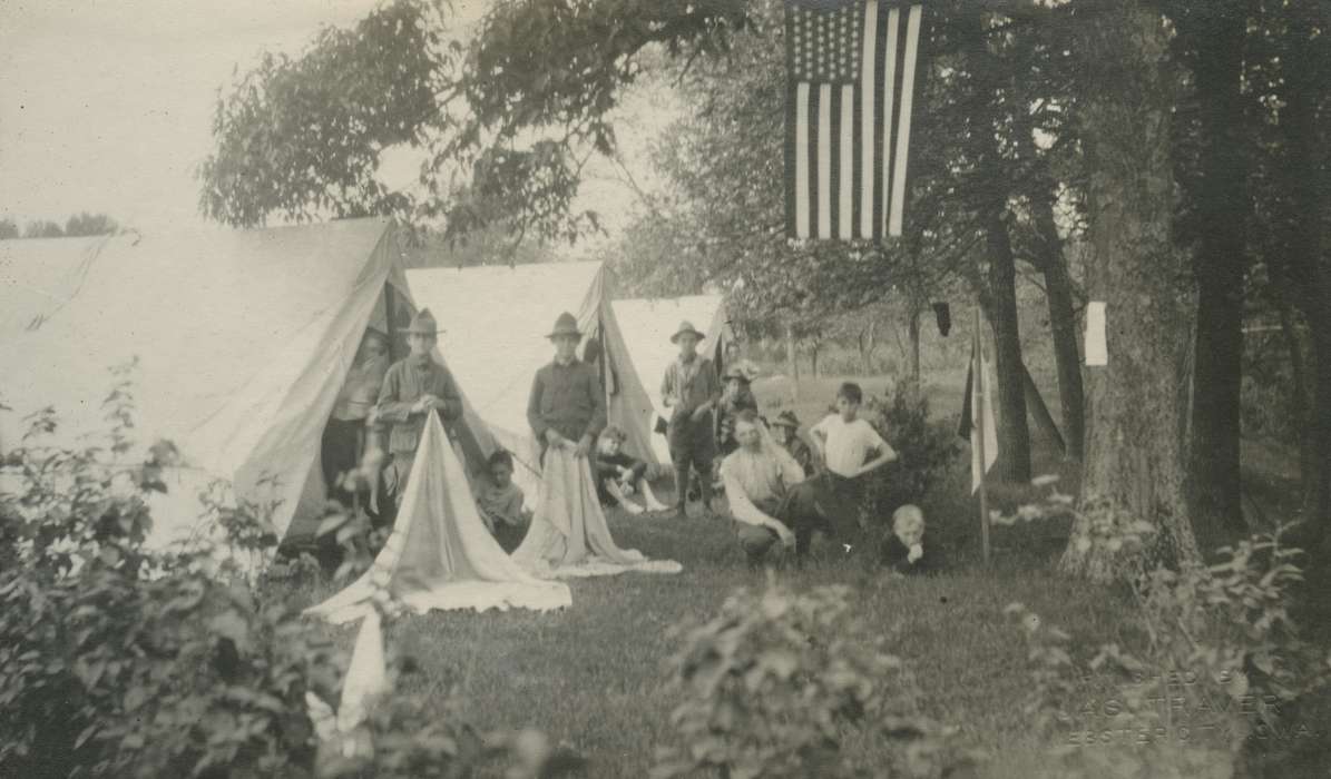 Outdoor Recreation, Portraits - Group, Iowa, Woodward, IA, McMurray, Doug, history of Iowa, camping, tents, flags, boy scouts, Iowa History