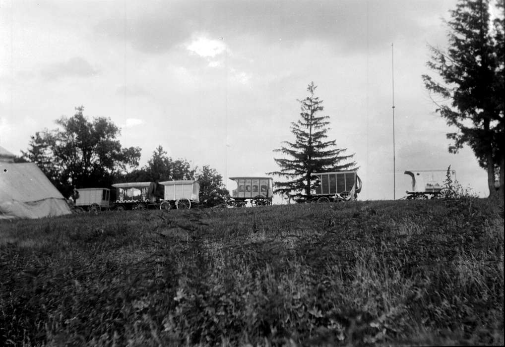 history of Iowa, ice wagon, Iowa History, Lemberger, LeAnn, tent, wagon, Iowa, Outdoor Recreation, Stone City, IA, Landscapes, tree, stone city art colony
