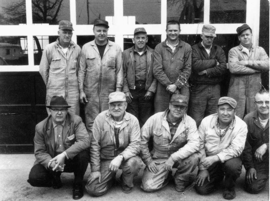 Portraits - Group, Pettit, Gene, men, denim, history of Iowa, Iowa History, Charles City, IA, Businesses and Factories, hats, Iowa, door, overalls, Labor and Occupations