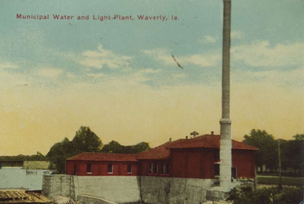 correct date needed, Iowa, Waverly Public Library, sunrise, history of Iowa, Businesses and Factories, water works building, smokestack, Waverly, IA, Iowa History