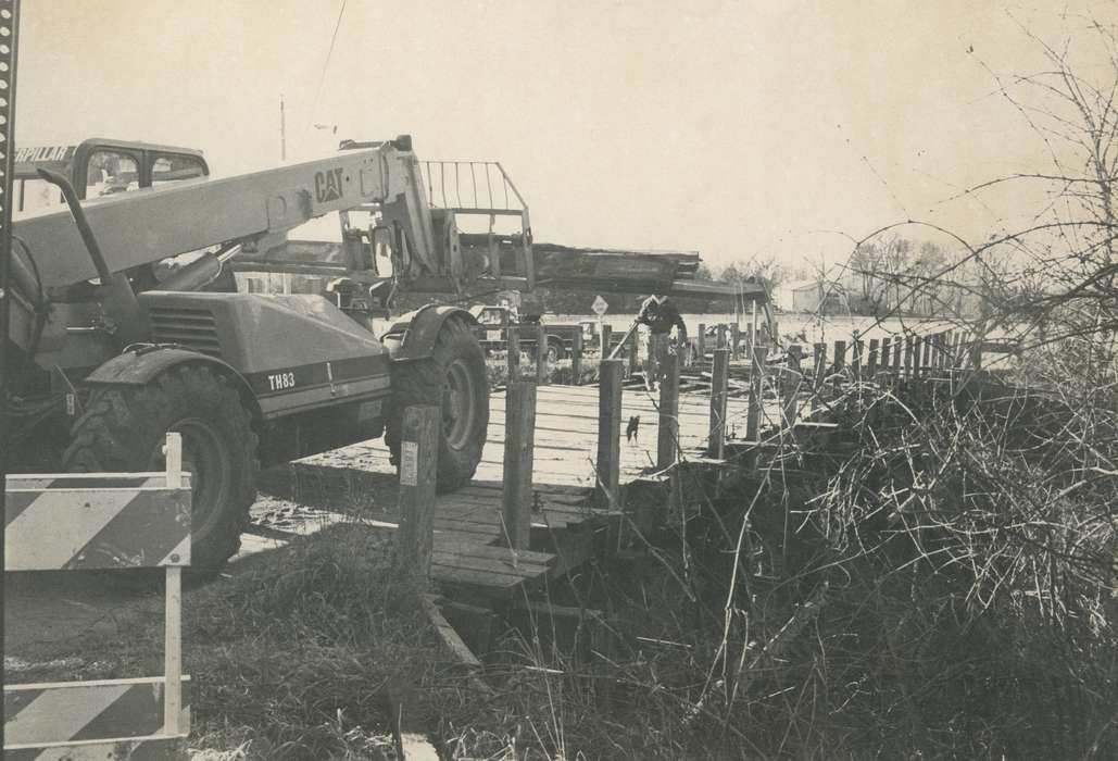 history of Iowa, Iowa History, Motorized Vehicles, trees, wooden bridge, Iowa, Cities and Towns, construction, Waverly Public Library, construction equipment, Labor and Occupations