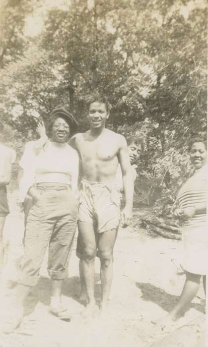 Portraits - Group, swimming, african american, People of Color, history of Iowa, Iowa History, Lakes, Rivers, and Streams, Iowa, bathing suit, Henderson, Jesse, swimsuit, Black Hawk County, IA, Leisure