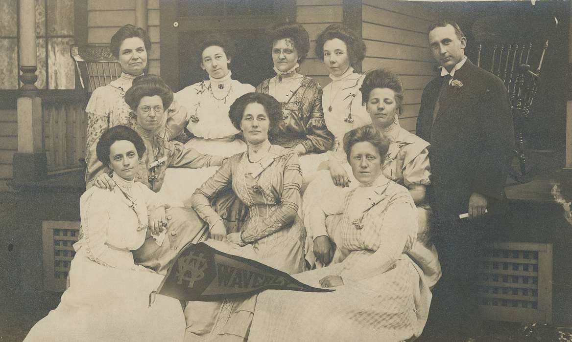 Portraits - Group, history of Iowa, Iowa History, outfit, hair, Waverly, IA, glasses, postcard, correct date needed, Iowa, dress, post card, Waverly Public Library, suit