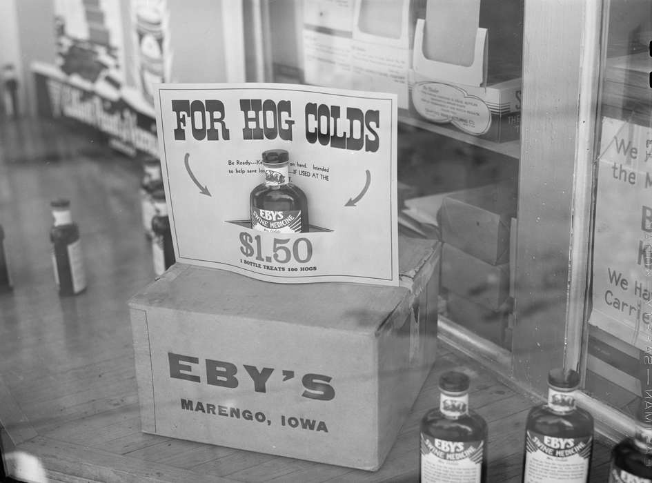 history of Iowa, Iowa History, Library of Congress, Businesses and Factories, window display, Iowa, Cities and Towns, drugstore, medicine, Labor and Occupations