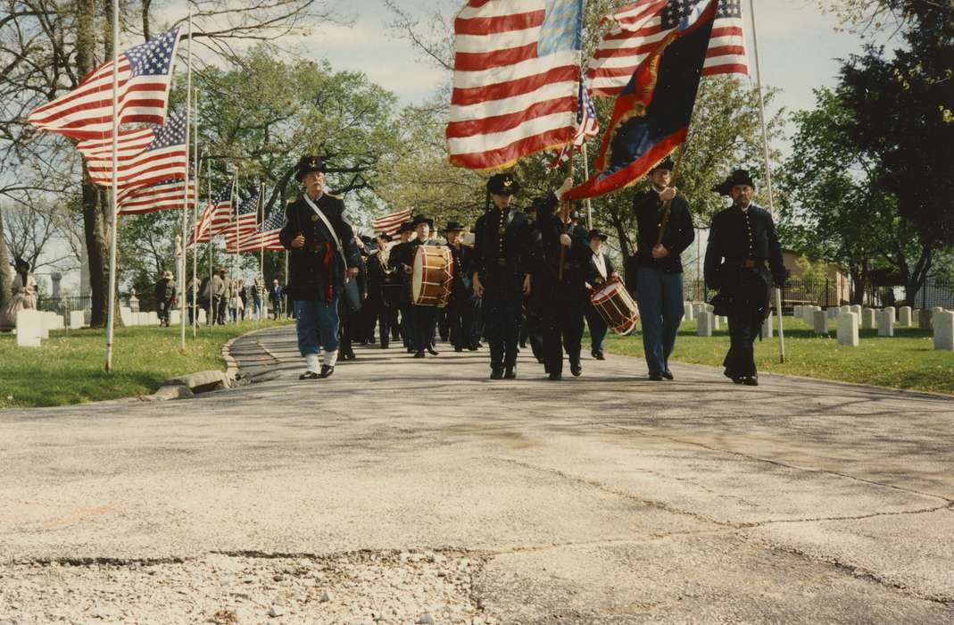 Outdoor Recreation, Portraits - Group, drums, Iowa, instruments, Fairs and Festivals, civil war, Keokuk, IA, Leisure, reenactors, band, Olsson, Ann and Jons, Entertainment, reenactment, flags, history of Iowa, procession, Iowa History