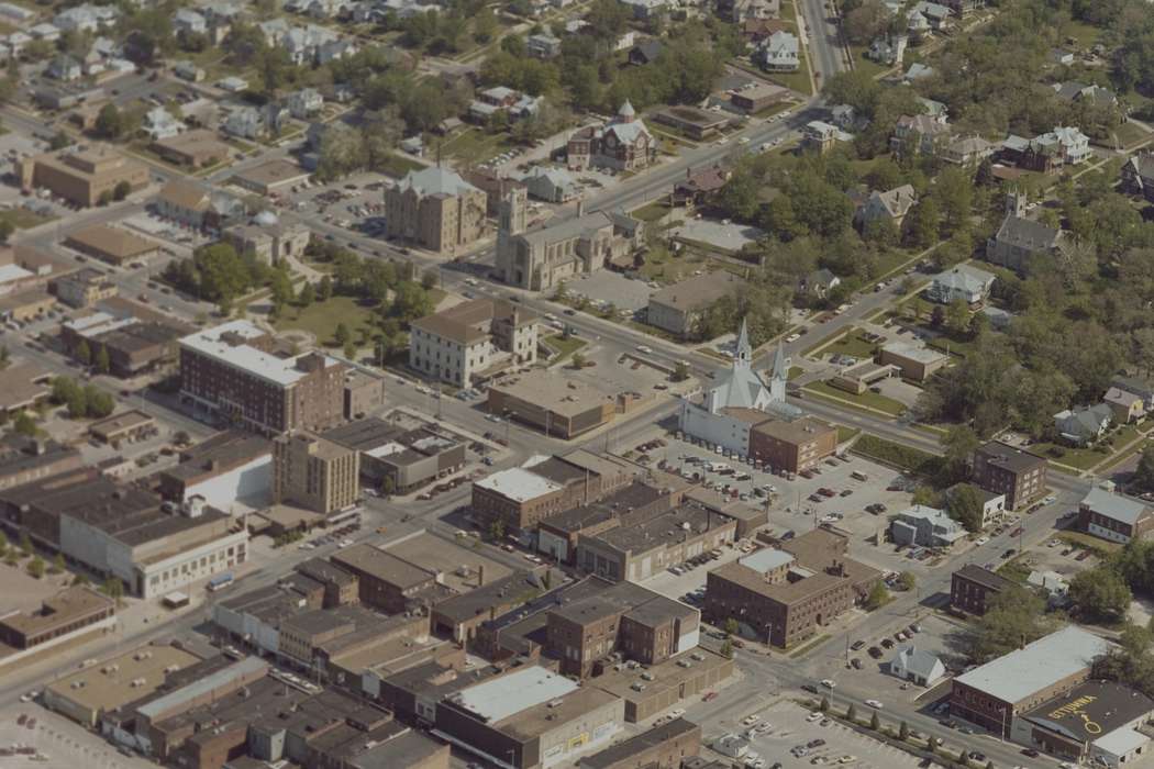 Main Streets & Town Squares, neighborhood, history of Iowa, Iowa History, Ottumwa, IA, Lemberger, LeAnn, Businesses and Factories, downtown, parking lot, Aerial Shots, Iowa, Cities and Towns, church