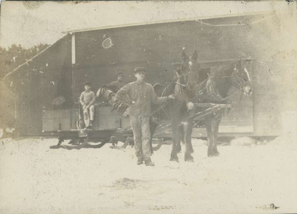 Portraits - Group, Outdoor Recreation, IA, Iowa, Animals, horse, Children, Barns, winter, Neessen, Ben, history of Iowa, blanket, snow, Iowa History, sled