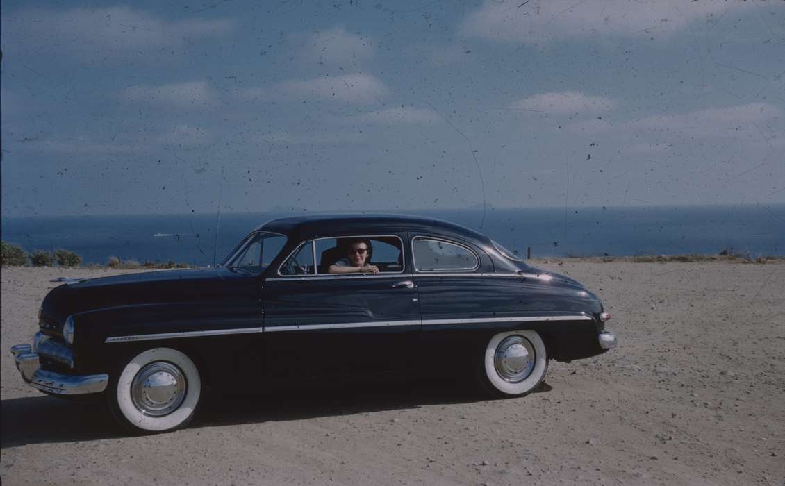 Travel, history of Iowa, mercury, mercury eight, Sack, Renata, Iowa History, Motorized Vehicles, woman, coupe, ocean, pacific ocean, Iowa, white wall tire, CA, hubcap, Leisure
