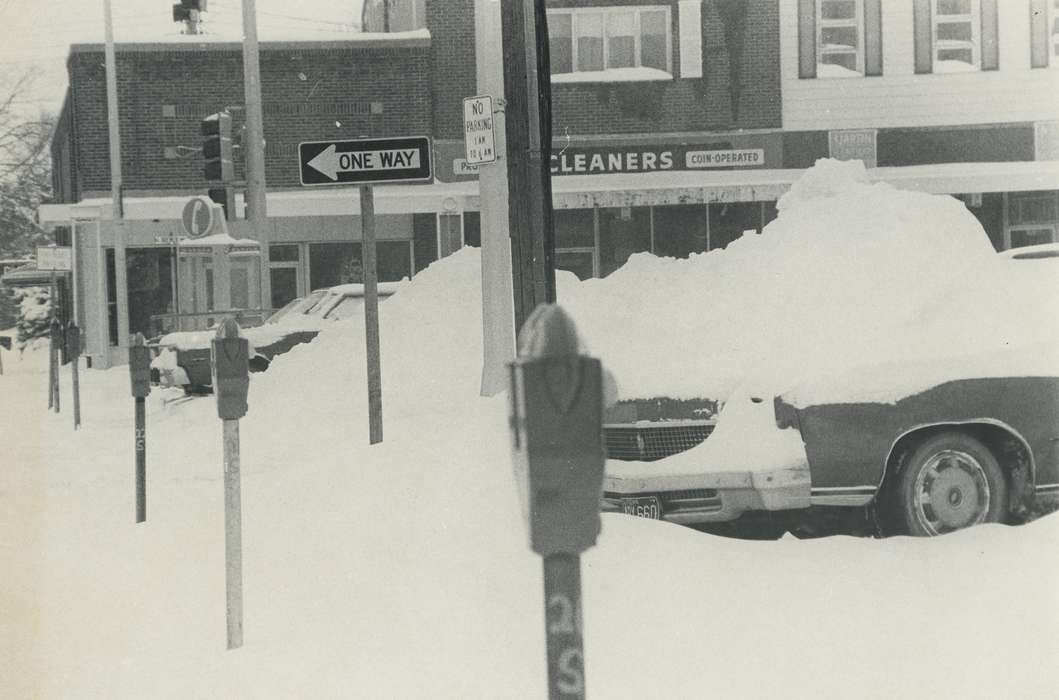 Main Streets & Town Squares, history of Iowa, parking meter, Iowa History, Winter, Motorized Vehicles, Businesses and Factories, parking lot, Waverly, IA, snow pile, Iowa, Cities and Towns, Waverly Public Library