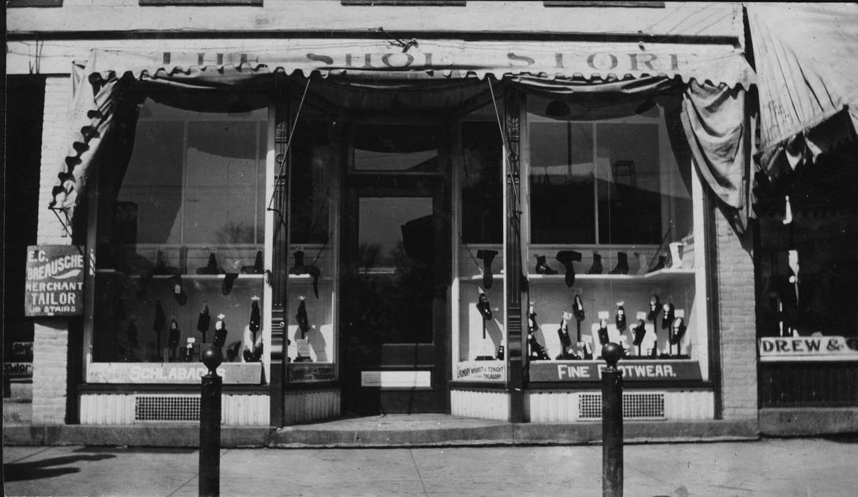 history of Iowa, Iowa History, IA, storefront, shoes, Businesses and Factories, tailor, Iowa, King, Tom and Kay, Cities and Towns