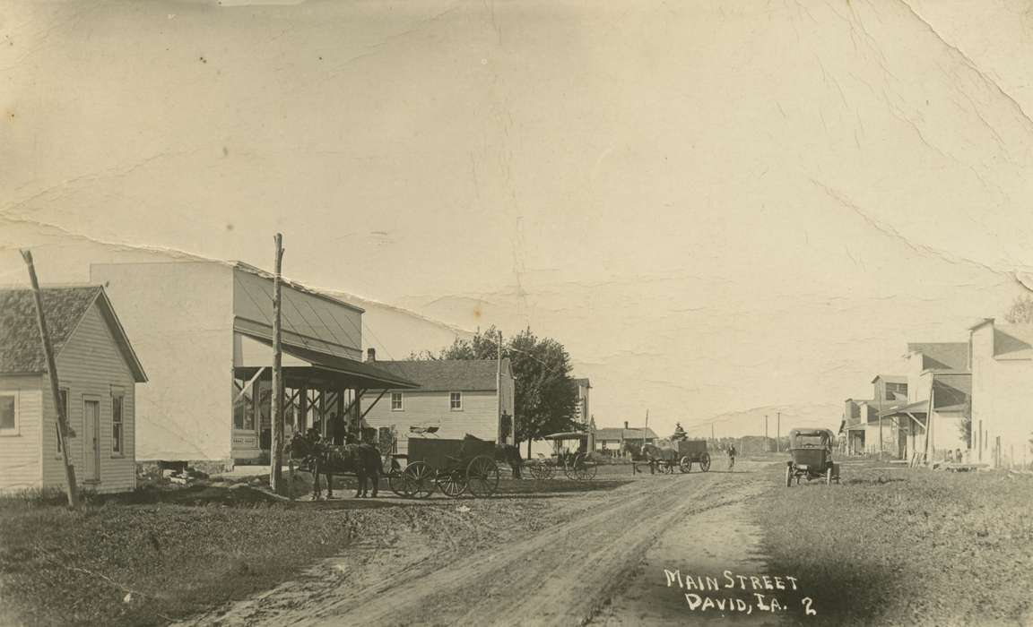 Schlawin, Kent, Iowa, horse and buggy, store, car, Cities and Towns, history of Iowa, David, IA, Motorized Vehicles, Main Streets & Town Squares, Iowa History